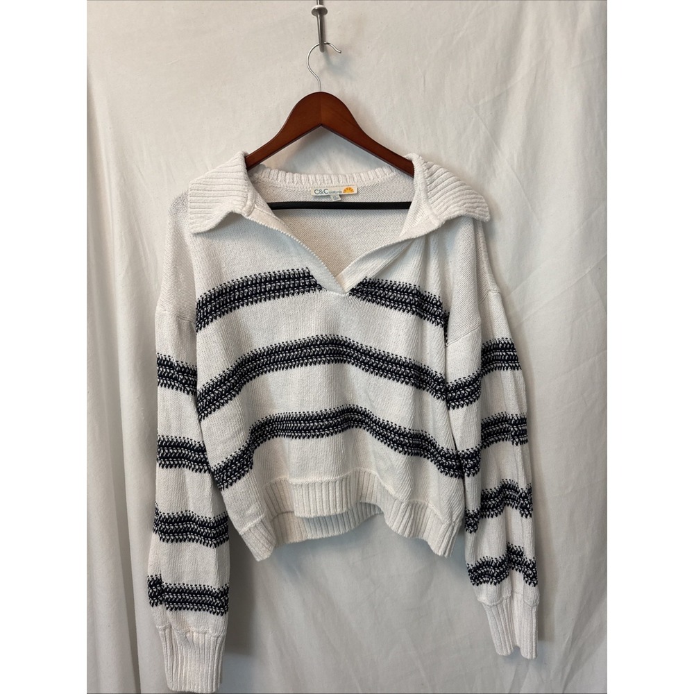 C&C California Womens XL White Navy Stripe Collared Knit Sweater Coastal Preppy